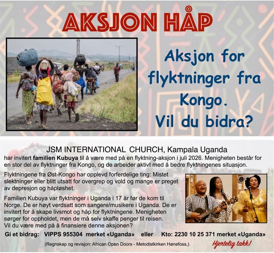 MINIKONSERT i glede  ved FAMILIEN KUBUYA med venner. Til inntekt for Aksjon Håp Uganda. Måltid og fellesskap. Se nærmer annonsering.