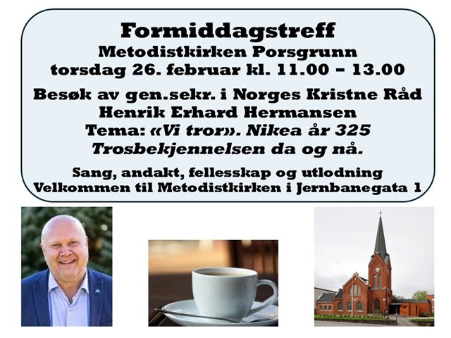 Torsdag 26. februar kl. 11.00 Formiddagstreff i Porsgrunn