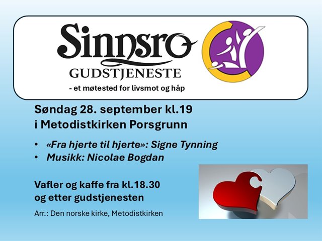 Søndag 28.9. kl. 19.00 Sinnsrogudstjeneste i Porsgrunn