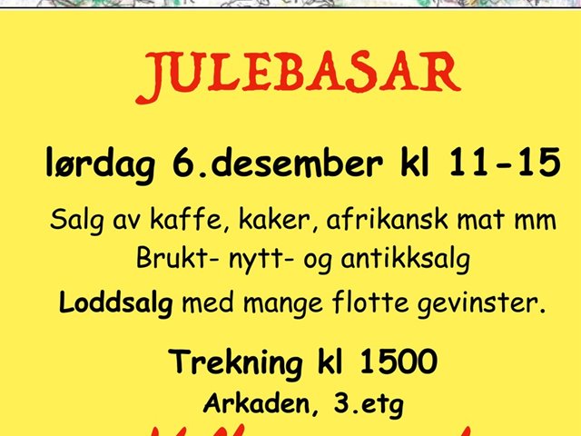 JULEBASAR - Kafè med salg av kaffe, kaker, afrikansk mat mm. Salg av lodd. Mange flotte gevinster. Trekkes kl 1500. Brukt- nytt- og antikksalg.