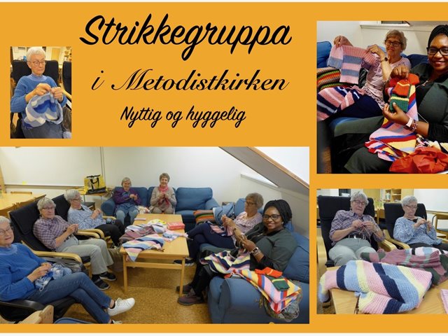 Strikkegruppa som arbeider for premature barn i Afrika. Kaffekos og prat for strikkende og ikke strikkende menn og kvinner.