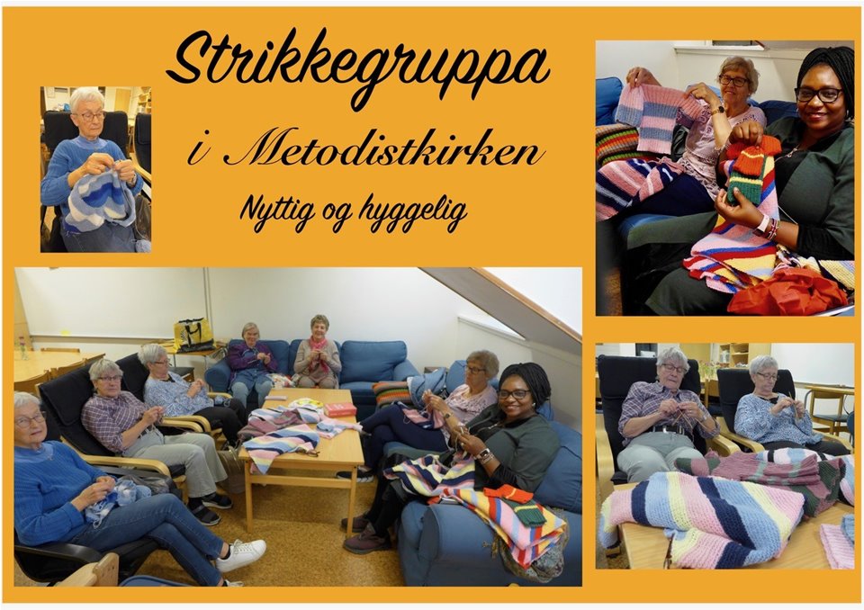 Strikkegruppa som arbeider for premature barn i Afrika. Kaffekos og prat for strikkende og ikke strikkende menn og kvinner.