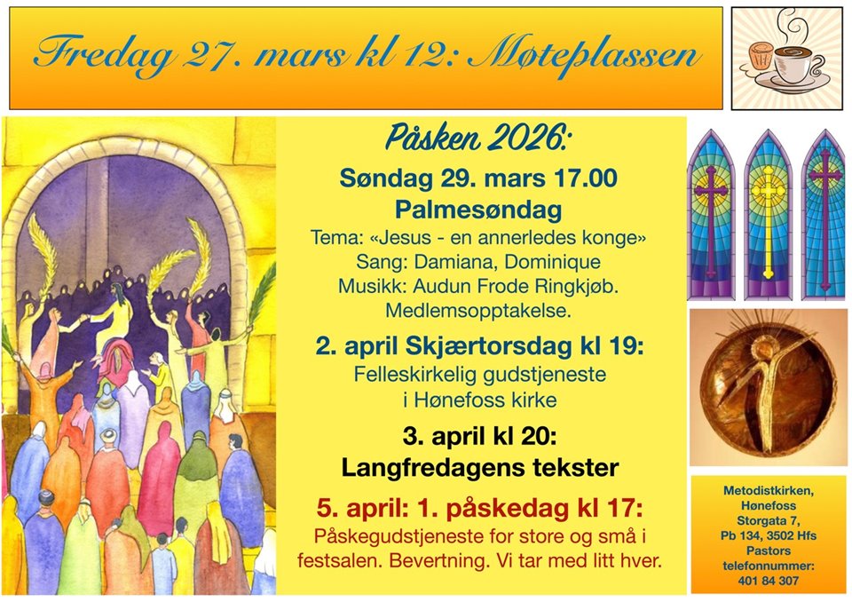 VELKOMMEN TIL PÅSKEFEIRING som starter palmesøndag. Tema:'Jesus en annerledes konge!'Pastor Susan G. Mati. Sang og musikk: Damiana, Dominique, fam Kubuya og Audun Ringkjøb. Medlemsopptagelse. Kirkekaffe.