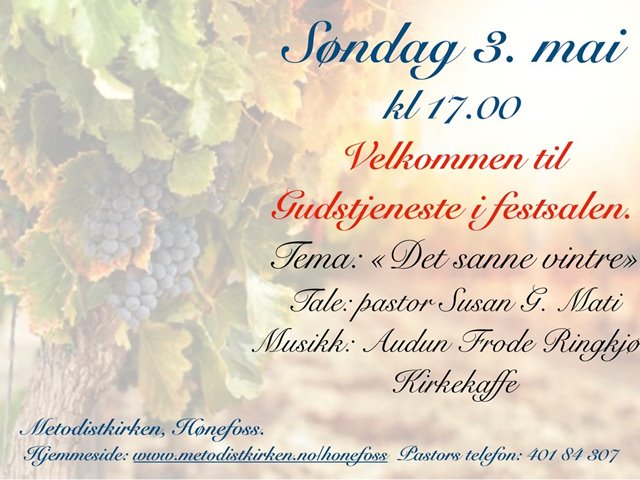 Gudstjeneste ved pastor Susan G. Mati og Audun Frode Ringkjøb. Tema: 'Det sanne vintreet!' Kirkekaffe.