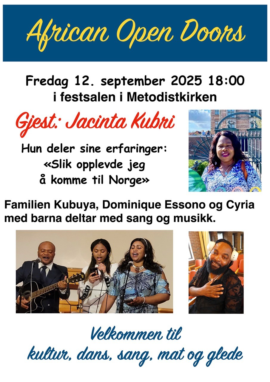Klikk for mere> African Open Doors med sang og dans, lovprisning, mat og glede. Jacinta Kubri:'Slik opplevde jeg å komme fra Afrika til Norge'! Familien Kubuya, Dominique Essono og Cyria med barna deltar med sang og musikk