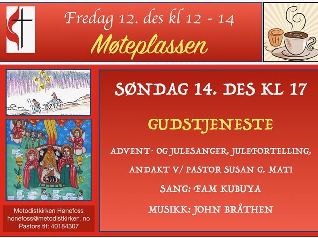 Adventgudstjeneste med julesanger. Pastor Susan G. Mati, Familen Kubuya og John Bråthen. Kirkekaffe.