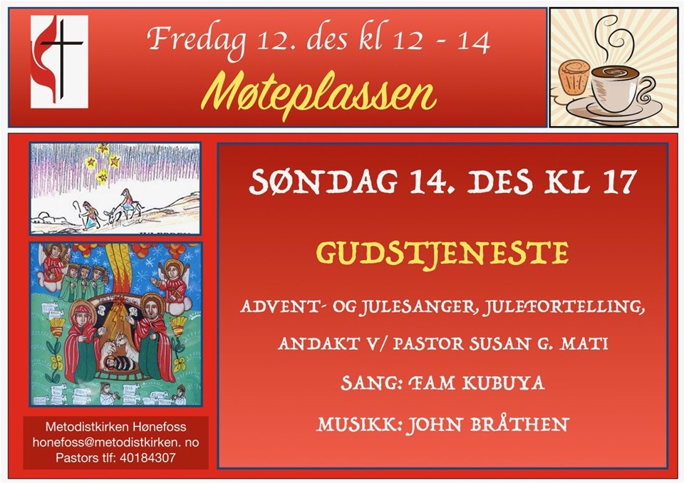 Adventgudstjeneste med julesanger. Pastor Susan G. Mati, Familen Kubuya og John Bråthen. Kirkekaffe.